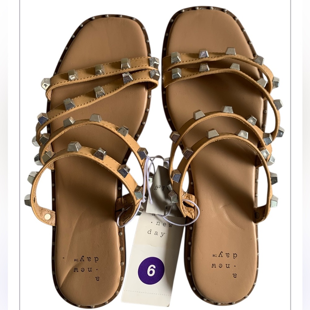 *NWT A New Day Tan Leather Sandals with Studded Straps SIZE 6